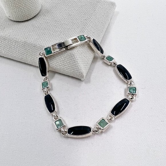 Light & Dark Green Enameled Shiny Silver Tone 7” Bracelet - Picture 2 of 6